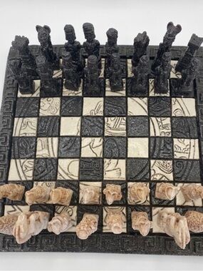 Vintage Mexican Aztec Carved Resin Cast Mythological Figures Chess Set 10.5x10.5